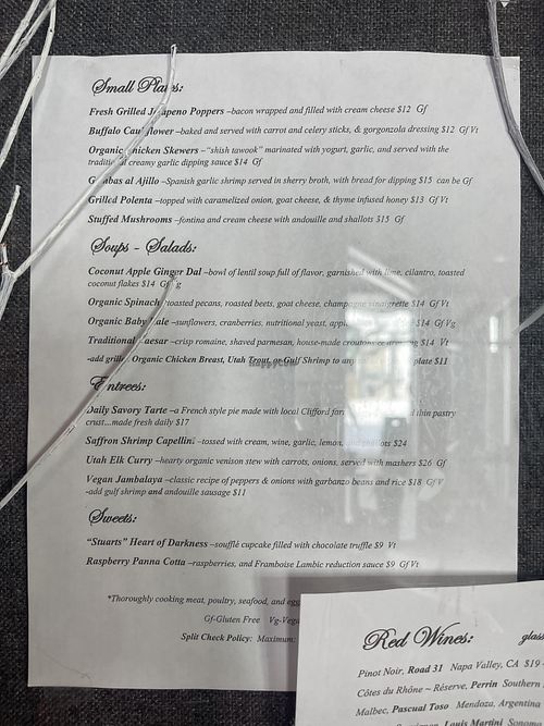 Menu with a few vegan and vegetarian options  at Watson Cafe in Alta