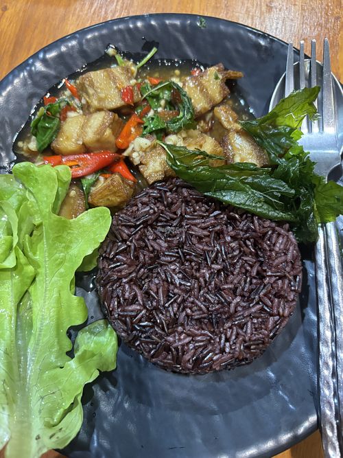 Crispy pork basil  at Beef Stew Ari in Bangkok