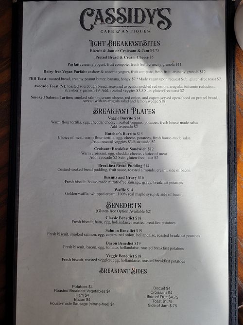 Breakfast menu at Cassidy's Café & Antiques in Ouray