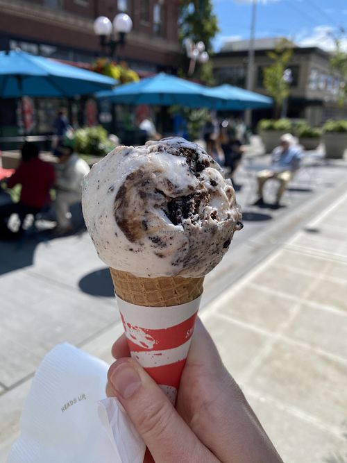 Hazelnut cookies and cream 1 scoop in a sugar cone  at Salt & Straw - Pike & 1st in Seattle