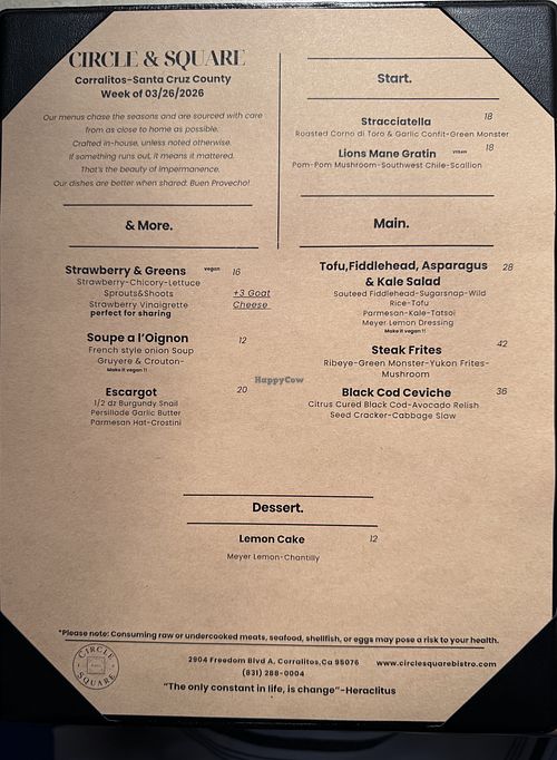 Dinner Menu  at Circle & Square Bistro, Corralitos, CA in Watsonville