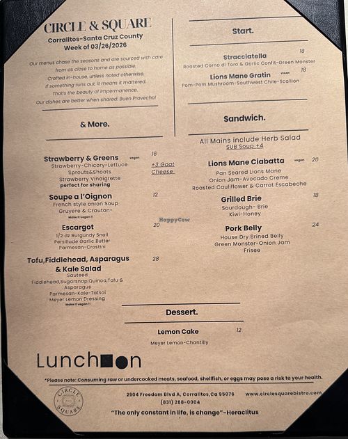 Lunch Menu  at Circle & Square Bistro, Corralitos, CA in Watsonville