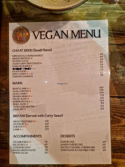 Vegan menu at Chai Thali - Indian Restaurant  in North West London