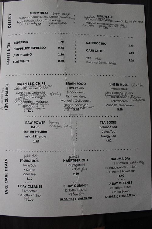 Their menu back in 2014
desserts, coffee&tee, snacks, take aways
(sorry for the french notes!) at Daluma in Berlin