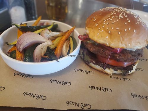 My "stripped" burger and grilled vegetables at Cafe Nush Avondale  in Harare