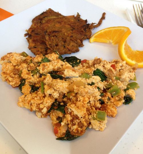 Soyrizo tofu scramble, made extra spicy, added spinach & onions. That's the sweet potato hash on the side. at Scramble in Scottsdale