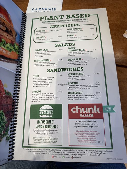 Plant based menu  at Carnegie Diner & Cafe  in New York City