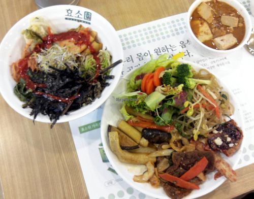 Made my own bibimbap, had a small bowl of doenjangjjigae (so amazing but traditionally made with fish), and piled a plate with other salad and meat substitute items at Hyosowon in Seoul