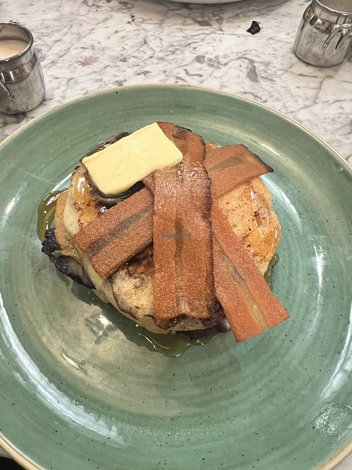 Blueberry pancakes with vegan bacon (& vegan butter)  at Bill's Stratford Restaurant in London