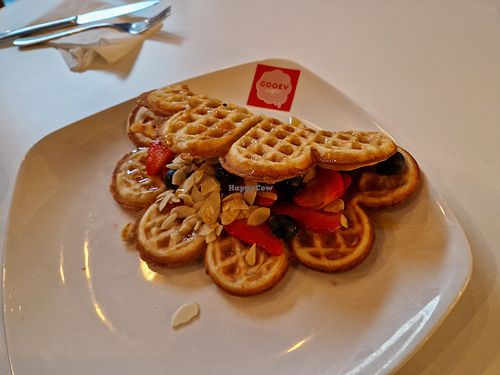 Vegan waffle with blueberry and strawberry filling and maple syrup at Gooey Waffle in Enfield