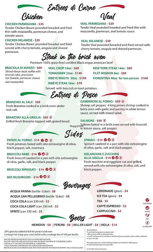 Menu full of animal products and only a few sides labeled vegan   at  Le Sorelle Restaurant Downtown in Boca Raton