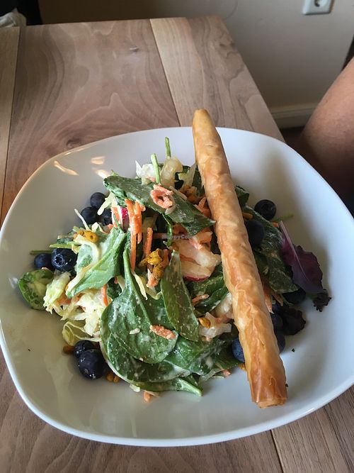 The spinach salad with blueberries avocado and savoury twill. Top marks Starter! at The Vegan Eagle in Hamburg
