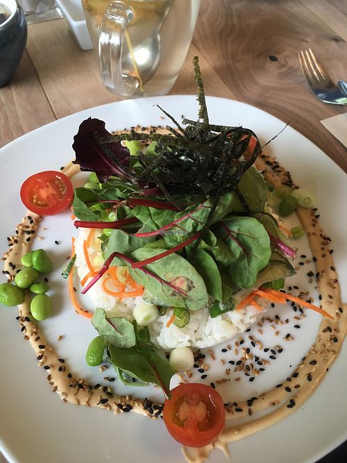 ‘Dragon poke’ starter, sticky rice with salad, avocado, wasabi cucumber, nori strips, and super tasty sesame sauce   at The Vegan Eagle in Hamburg