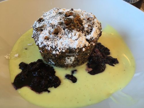 Kartofel (potato) pudding with vanilla sauce and blueberry compot, yes yes yes   at The Vegan Eagle in Hamburg