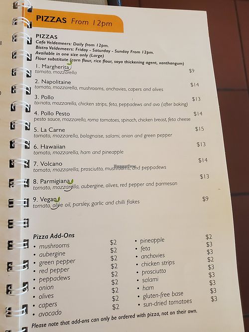 Menu at Cafe Veldemeers  in Harare