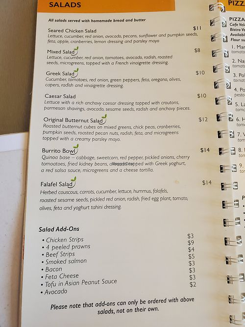 Menu at Cafe Veldemeers  in Harare