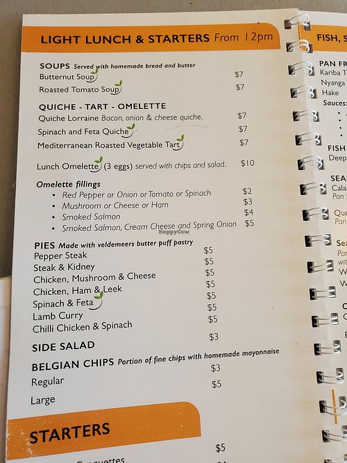 Menu at Cafe Veldemeers  in Harare