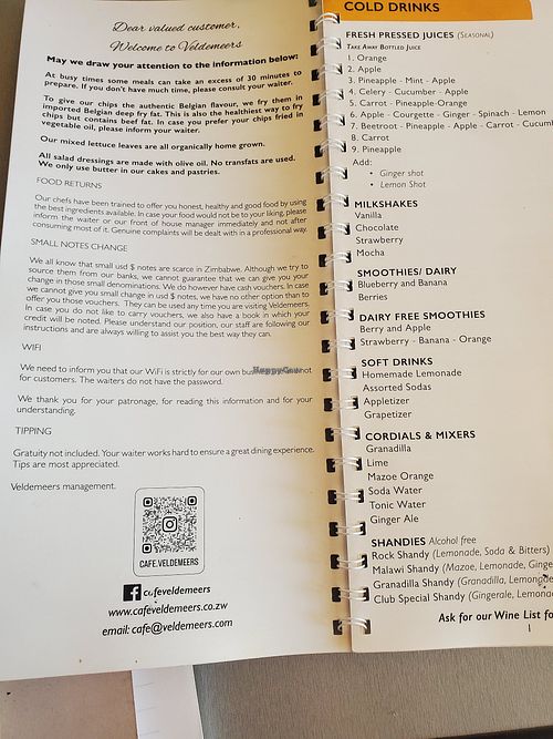 Menu.  Note that chips are made in beef fat unless you specify vegetable oil at Cafe Veldemeers  in Harare