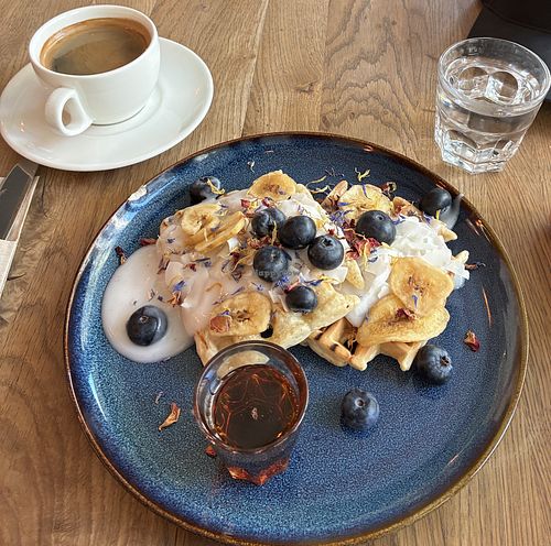 Vegan waffles with plant-based yogurt, maple syrup, blueberries and banana chips.  at Café Tacuba  in Luzern