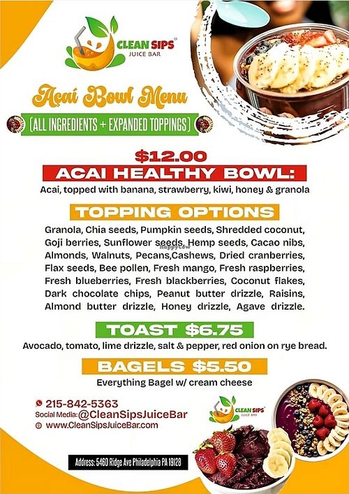Menu at Clean Sips Juice Bar in Philadelphia
