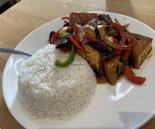 Fried tofu spicy eggplant with basill  at VeggiEAT Flagstaff in Flagstaff