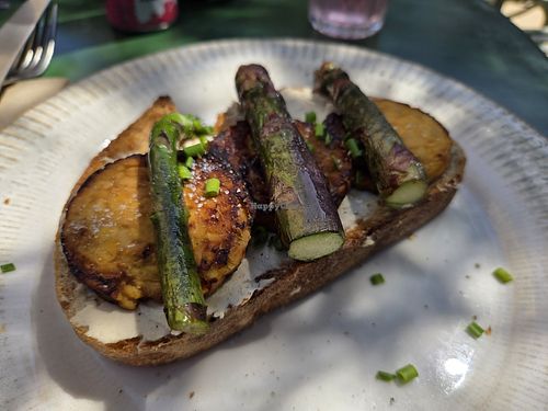 Asparagus, tempeh bacon and white bean pate on toast at Charlie's Cafe & Wine Bar in Gloucestershire