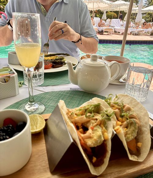 Fried Avocado Tacos with fresh fruit side  at Swifty's at the Colony Palm Beach in Palm Beach