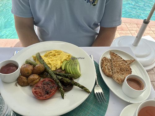 Vegan Colony Breakfast - JUSTegg scramble, avocado, asparagus, tomato, mushrooms, potatoes, toast  at Swifty's at the Colony Palm Beach in Palm Beach