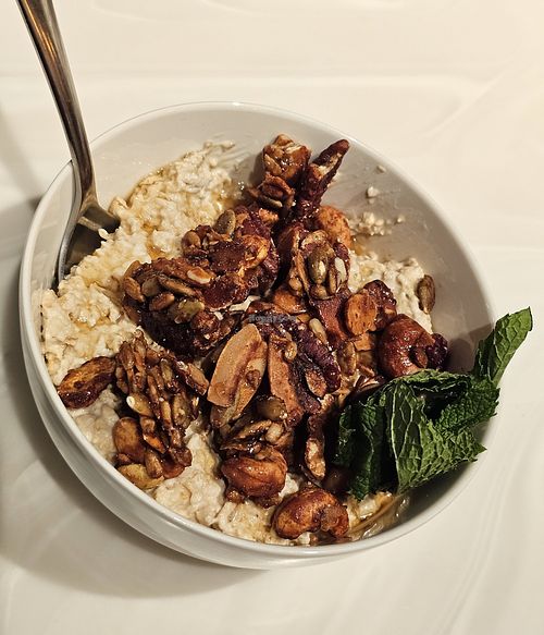 Overnight Oats w/ Coconut Milk, Vanilla, Paleo Granola, Maple, and Mint at Asterisk Coffee Bar  in Cuyahoga Falls