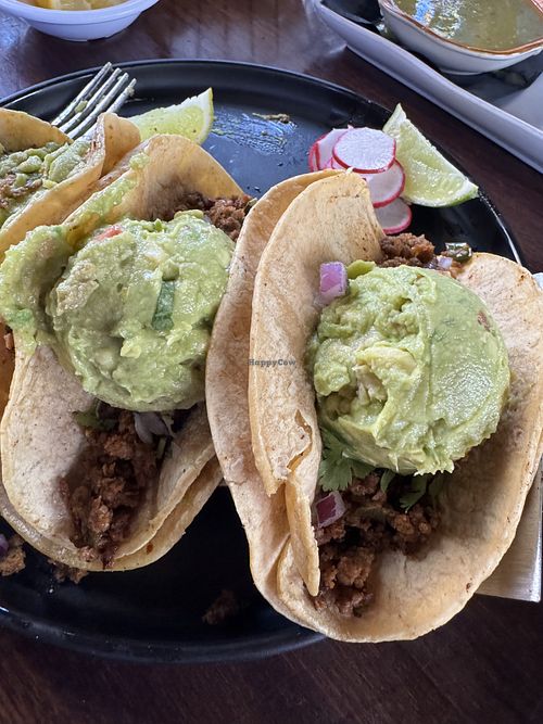 Vegan tacos! Corn or flour offered - pictured here are corn tortillas    at Noche Mexican BBQ  in Louisville
