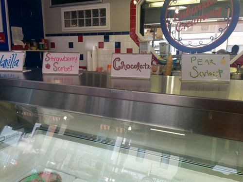 Featured flavors of the date, in addition to regular flavors in case. Only vegan options are sorbets.  at Cabarrus Creamery in Concord