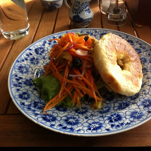 Bagel with olives, hummus, veggies at Epic Arts Cafe in Kampot