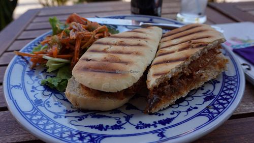 spicy mixed veg aubergine panini with fresh salad :) at Epic Arts Cafe in Kampot