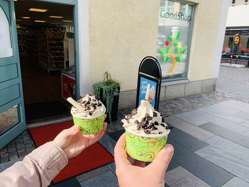 outside with vegan icecream at GoodShop in Vaxjo