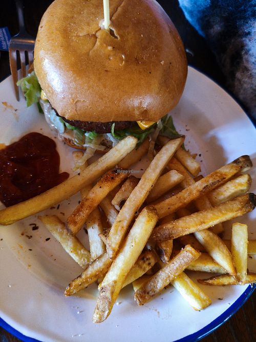 Veggie pattie with fries and vegan cheese at The Fourth Corner in Dublin