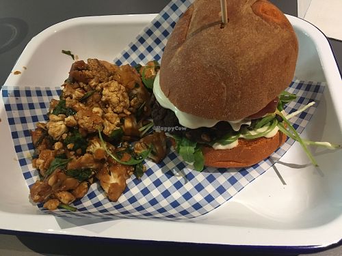 Sweet potato and black bean burger with BBQ cauliflower  at HappyFood by YogaHub in Dublin