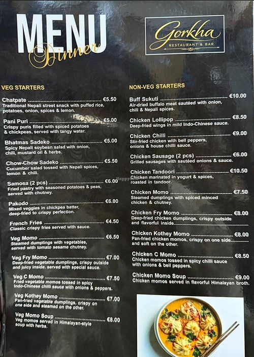 Menu starters at Gorkha Bar & Nepalese Restaurant in Zambujeira Do Mar