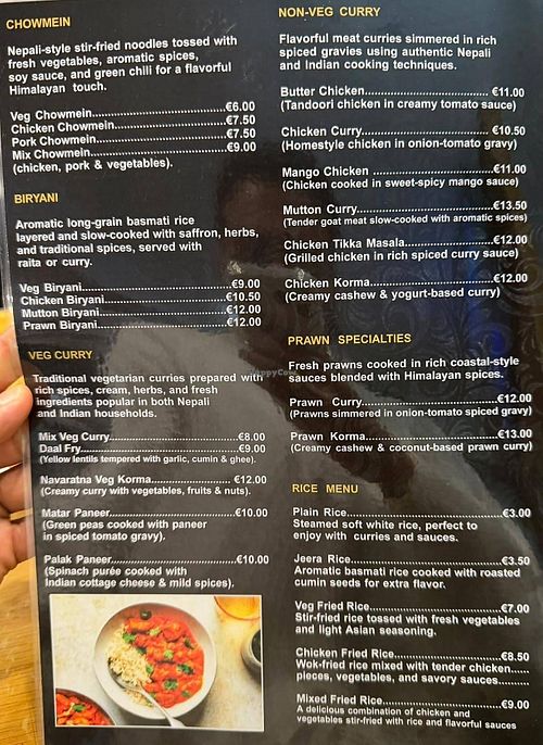 Menu mains at Gorkha Bar & Nepalese Restaurant in Zambujeira Do Mar