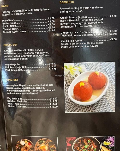 Menu mains & deserts at Gorkha Bar & Nepalese Restaurant in Zambujeira Do Mar