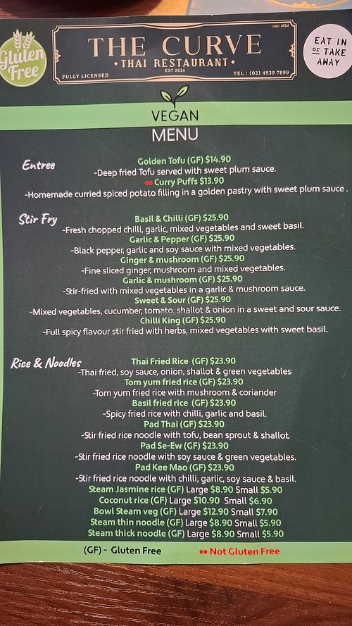 Separate vegan menu at The Curve Thai Restaurant in Newcastle