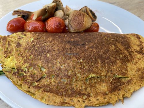 From the breakfast menu: chickpea omelet with spinach cashew cheese and roasted veg. at Wild Beets in Ibiza