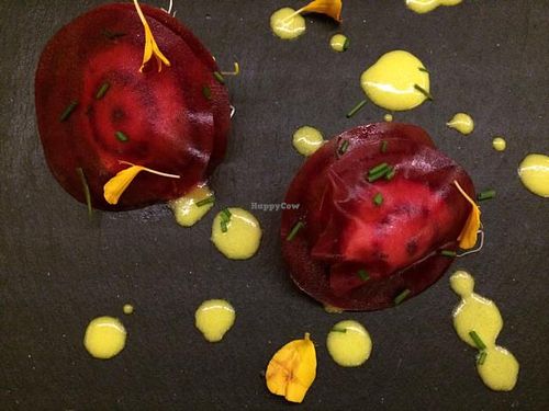 raw red beet ravioli  at Wild Beets in Ibiza