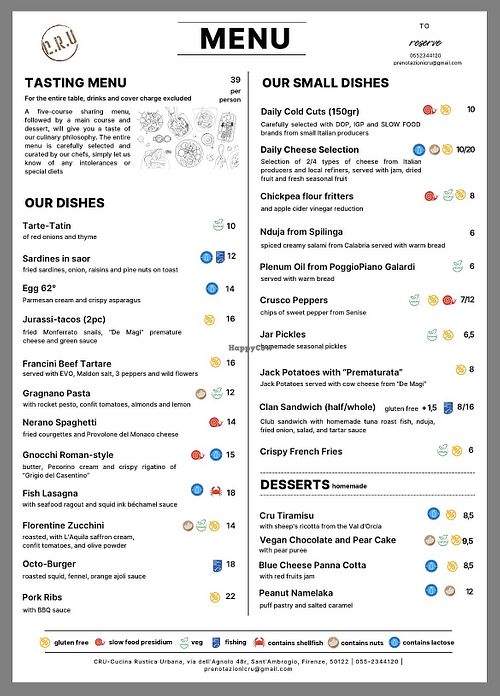 English menu April 2026  at Cru - Cucina Rustica Urbana in Toscana