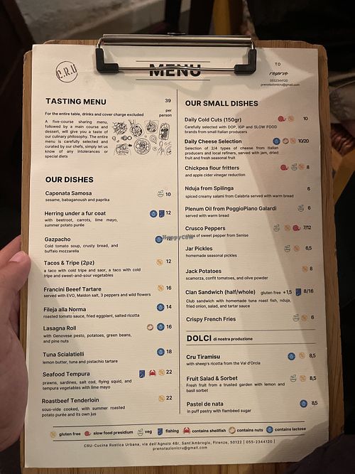 Updated menu Aug 2026  at Cru - Cucina Rustica Urbana in Toscana