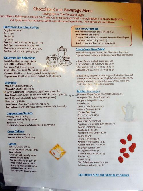 Beverage menu at Chocolate Crust in Washington