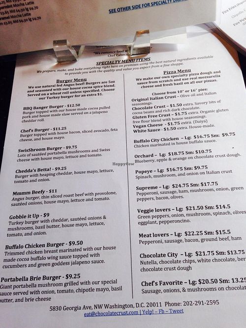 Specialty menu at Chocolate Crust in Washington