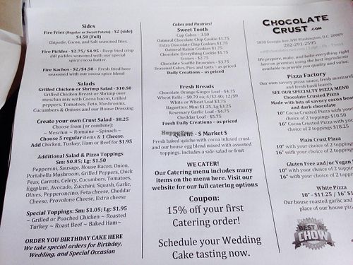 Takeout menu at Chocolate Crust in Washington