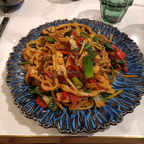 Vegan handmade noodles with vegetables and tofu at Uyghur Noodle House Kamppi in Helsinki