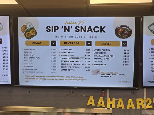 Menu at Aahaar25 Indian Vegetarian Restaurant - Matthews in Stallings