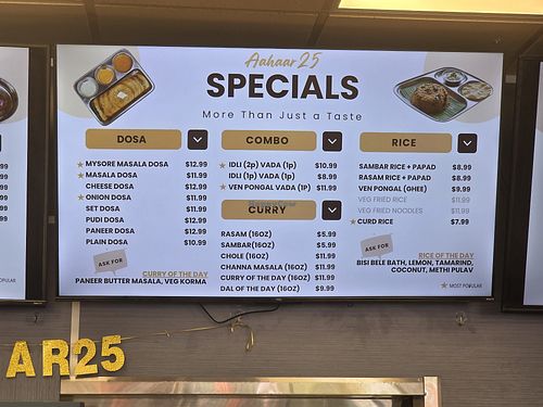 Menu at Aahaar25 Indian Vegetarian Restaurant - Matthews in Stallings